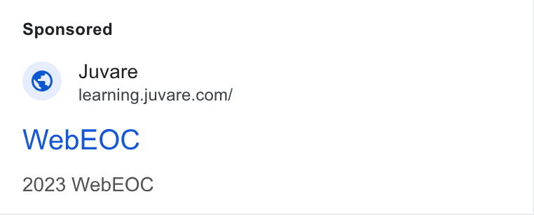 Juvare ad on Google Ads: Web EOC 2023 Web EOC