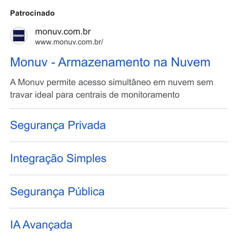 Monuv ad on Google Ads: www.monuv.com.br/ Monuv - Armazenamento na Nuvem A Monuv permite acesso simultaneo em nuvem sem travar ideal para centrais de monitoramento Seguranga Privada Integragao Simples Seguranga Publica IA Avangada