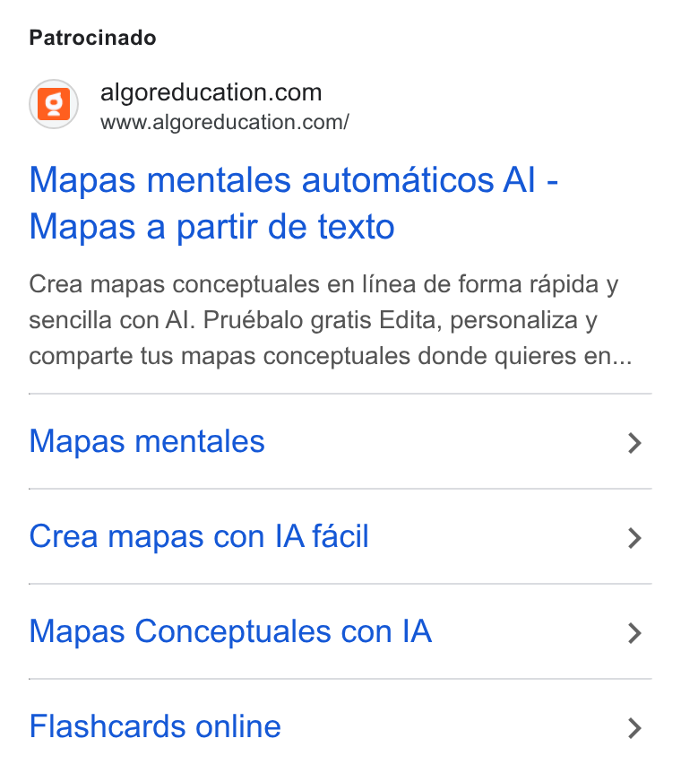 Algor ad on Google Ads: www.algoreducation.com/ Mapas mentales automaticos Al - Mapas a partir de texto Crea mapas conceptuales en linea de forma rapida y sencilla con Al. Pruébalo gratis Edita, personaliza y comparte tus mapas conceptuales donde quieres en... Mapas mentales > Crea mapas con IA facil > Mapas Conceptuales con IA > Flashcards online >
