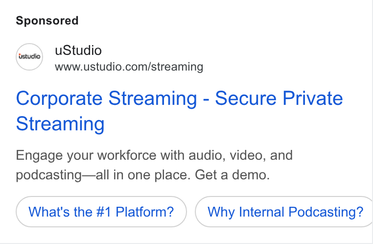 uStudio ad on Google Ads: Corporate Streaming - Secure Private Streaming Engage your workforce with audio, video, and podcasting—all in one place. Get a demo. What's the #1 Platform? Why Internal Podcasting? |