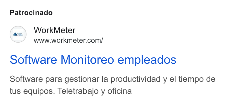 WorkMeter ad on Google Ads: Patrocinado software Monitoreo empleados Software para gestionar la productividad y el tiempo de tus equipos. Teletrabajo y oficina