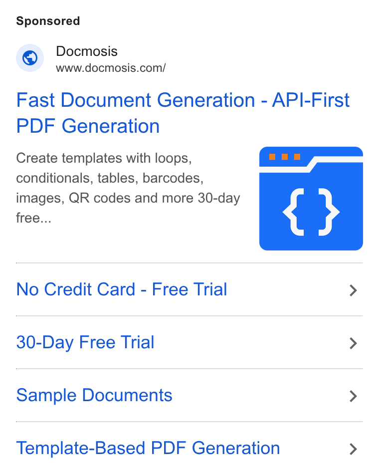 Docmosis ad on Google Ads: Fast Document Generation - API-First PDF Generation Create templates with loops, conditionals, tables, barcodes, images, QR codes and more 30-day free... No Credit Card - Free Trial > 30-Day Free Trial > Sample Documents > Template-Based PDF Generation >