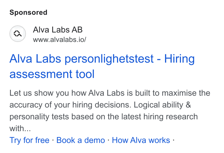 Alva Labs ad on Google Ads: Alva Labs AB www.alvalabs.io/ Alva Labs personlighetstest - Hiring assessment tool Let us show you how Alva Labs is built to maximise the accuracy of your hiring decisions. Logical ability & personality tests based on the latest hiring research with... Try for free - Book a demo - How Alva works -