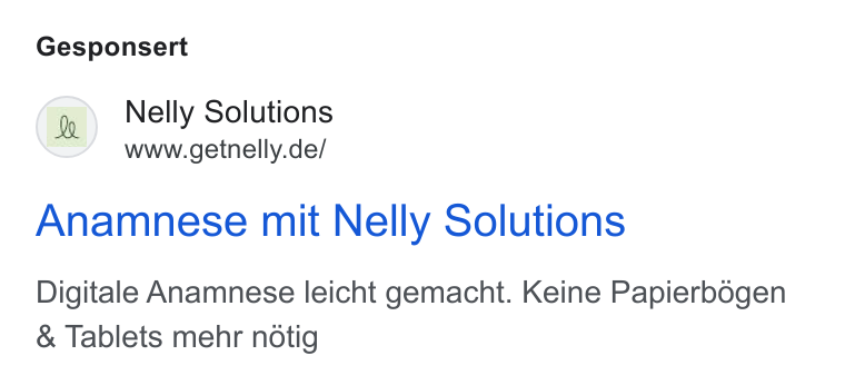 Nelly Solutions ad on Google Ads: Gesponsert Anamnese mit Nelly Solutions Digitale Anamnese leicht gemacht. Keine Papierbogen Tablets mehr nétig