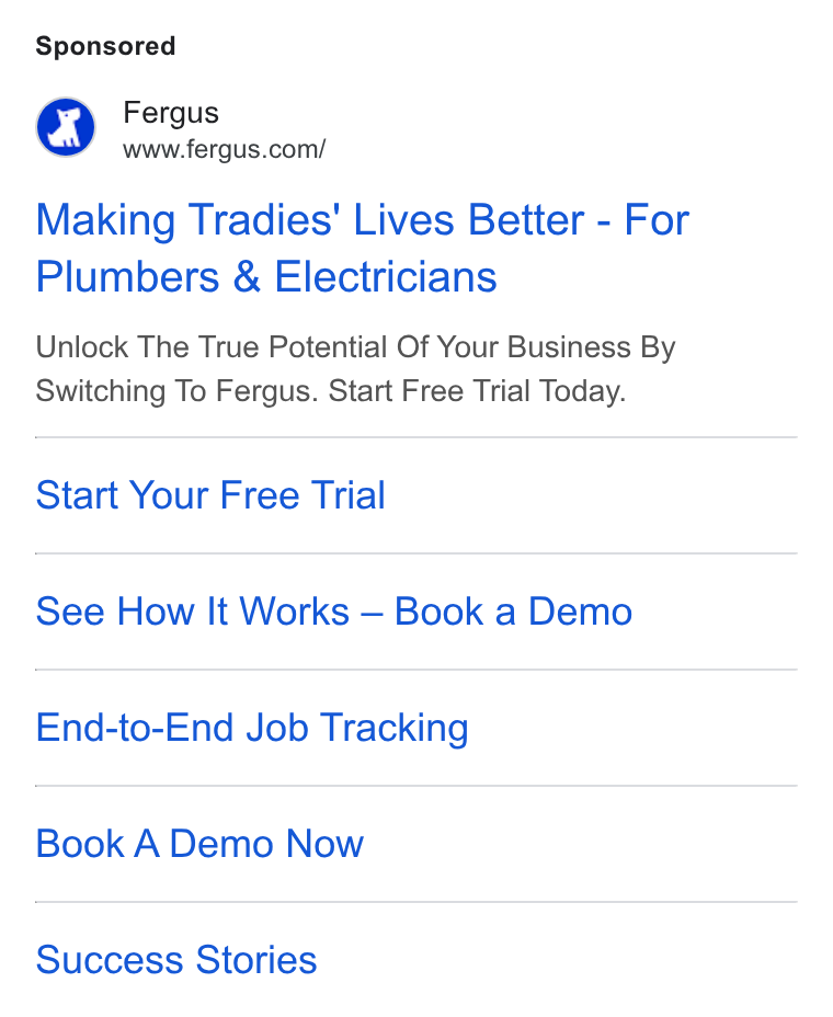 Fergus ad on Google Ads: Making Tradies' Lives Better - For Plumbers & Electricians Unlock The True Potential Of Your Business By Switching To Fergus. Start Free Trial Today. Start Your Free Trial See How It Works — Book a Demo End-to-End Job Tracking Book A Demo Now Success Stories