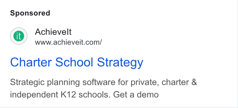 AchieveIt ad on Google Ads: Charter School Strategy Strategic planning software for private, charter & independent K12 schools. Get a demo