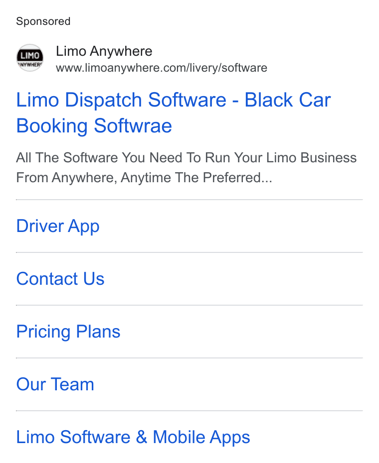 Limo Anywhere ad on Google Ads: Limo Dispatch Software - Black Car Booking Softwrae All The Software You Need To Run Your Limo Business From Anywhere, Anytime The Preferred... Driver App Contact Us Pricing Plans Our Team Limo Software & Mobile Apps