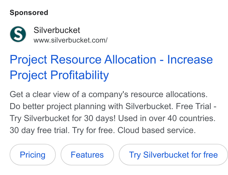 Silverbucket ad on Google Ads: Project Resource Allocation - Increase Project Profitability Get a clear view of a company's resource allocations. Do better project planning with Silverbucket. Free Trial - Try Silverbucket for 30 days! Used in over 40 countries. 30 day free trial. Try for free. Cloud based service. Try Silverbucket for free