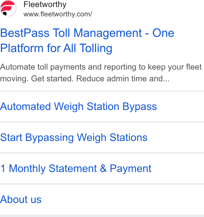 Bestpass ad on Google Ads: Best Pass Toll Management - One Platform for All Tolling Automate toll payments and reporting to keep your fleet moving. Get started. Reduce admin time and... Automated Weigh Station Bypass Start Bypassing Weigh Stations 1 Monthly Statement & Payment About us