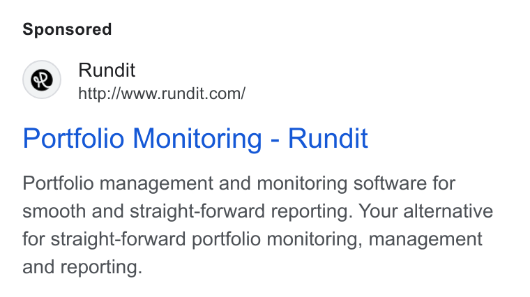 Rundit ad on Google Ads: Portfolio Monitoring - Rundit Portfolio management and monitoring software for smooth and straight-forward reporting. Your alternative for straight-forward portfolio monitoring, management and reporting.