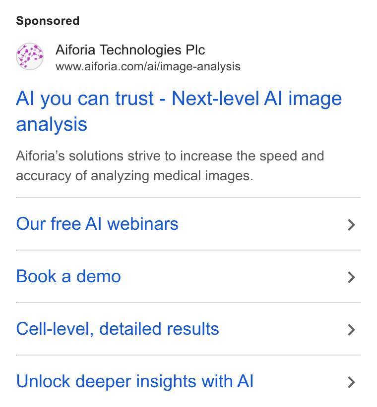 Aiforia ad on Google Ads: Al you can trust - Next-level Al image analysis Aiforia’s solutions strive to increase the speed and accuracy of analyzing medical images. Our free Al webinars Book a demo Cell-level, detailed results Unlock deeper insights with Al