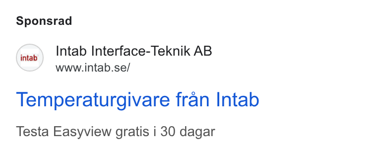 Upsales ad on Google Ads: Sponsrad Temperaturgivare fran Intab Testa Easyview gratis i 30 dagar