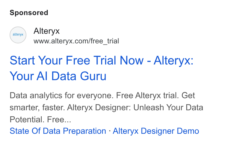 Alteryx ad on Google Ads: Start Your Free Trial Now - Alteryx: Your Al Data Guru Data analytics for everyone. Free Alteryx trial. Get smarter, faster. Alteryx Designer: Unleash Your Data Potential. Free... State Of Data Preparation - Alteryx Designer Demo