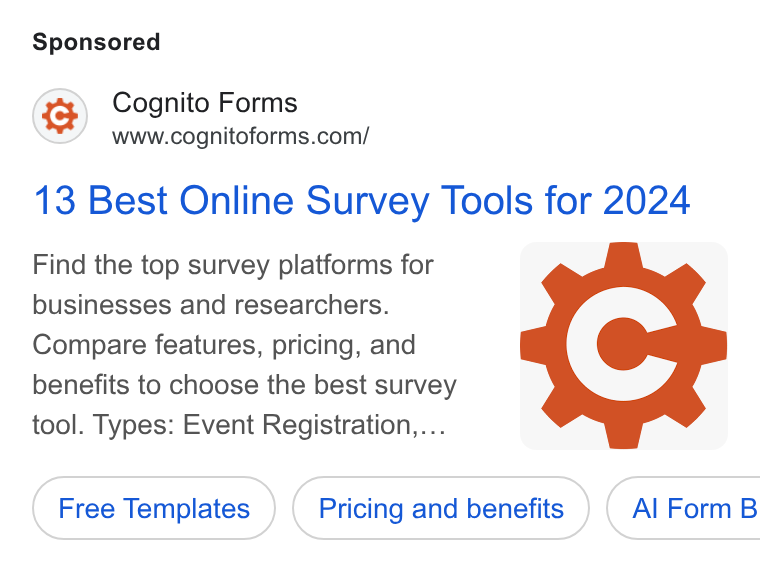 Cognito Forms ad on Google Ads: 13 Best Online Survey Tools for 2024 Find the top survey platforms for businesses and researchers. Compare features, pricing, and benefits to choose the best survey tool. Types: Event Registration,... Free Templates Pricing and benefits ) ( Al Form B