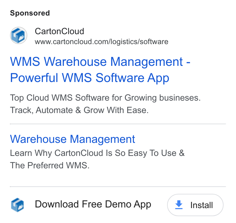 CartonCloud ad on Google Ads: WMS Warehouse Management - Powerful WMS Software App Top Cloud WMS Software for Growing busineses. Track, Automate & Grow With Ease. Warehouse Management Learn Why Carton Cloud Is So Easy To Use & The Preferred WMS. Download Free Demo App + install
