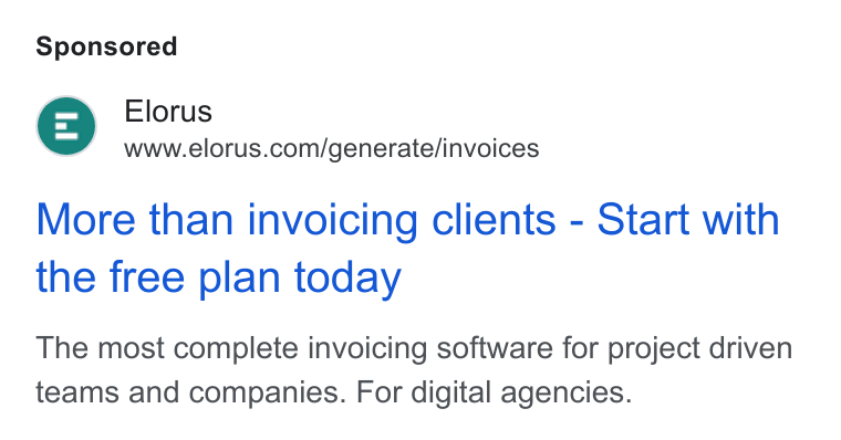 Elorus ad on Google Ads: More than invoicing clients - Start with the free plan today The most complete invoicing software for project driven teams and companies. For digital agencies.