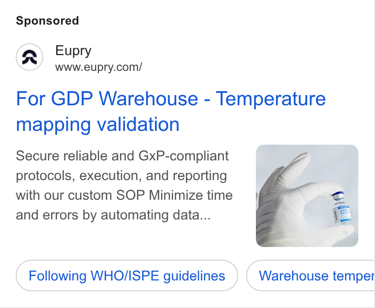 Eupry ad on Google Ads: For GDP Warehouse - Temperature mapping validation Secure reliable and Gx P-compliant protocols, execution, and reporting with our custom SOP Minimize time and errors by automating data... Following WHO/ISPE guidelines Warehouse temper Ce