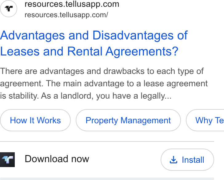 Tellus ad on Google Ads: resources.tellusapp.com/ Advantages and Disadvantages of Leases and Rental Agreements? There are advantages and drawbacks to each type of agreement. The main advantage to a lease agreement is stability. As a landlord, you have a legally... How It Works Property Management } ( Why Te a Download now &, Install