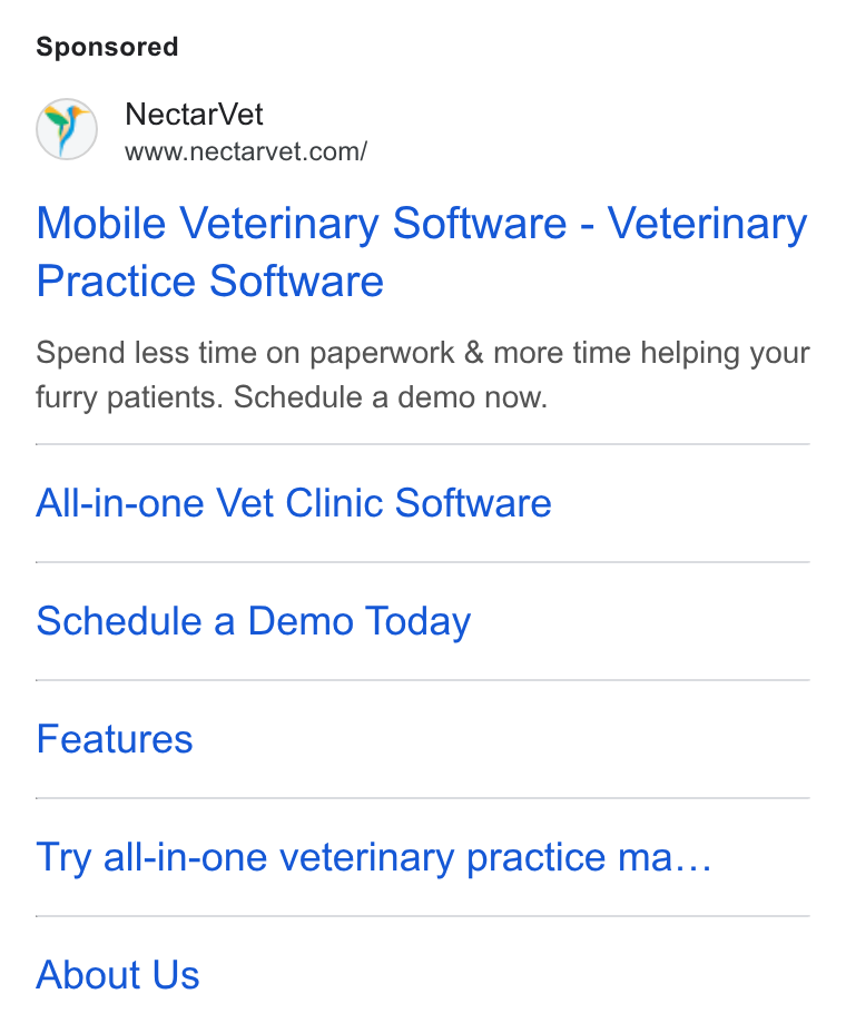 NectarVet ad on Google Ads: Mobile Veterinary Software - Veterinary Practice Software Spend less time on paperwork & more time helping your furry patients. Schedule a demo now. All-in-one Vet Clinic Software Schedule a Demo Today Features Try all-in-one veterinary practice ma... About Us