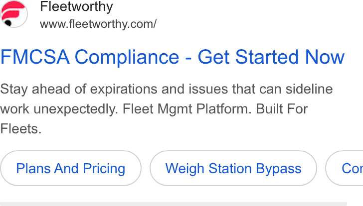 Bestpass ad on Google Ads: FMCSA Compliance - Get Started Now Stay ahead of expirations and issues that can sideline work unexpectedly. Fleet Mgmt Platform. Built For Fleets. Plans And Pricing Weigh Station Bypass } ( Cor