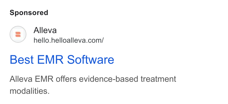 Alleva ad on Google Ads: Best EMR Software Alleva EMR offers evidence-based treatment modalities.
