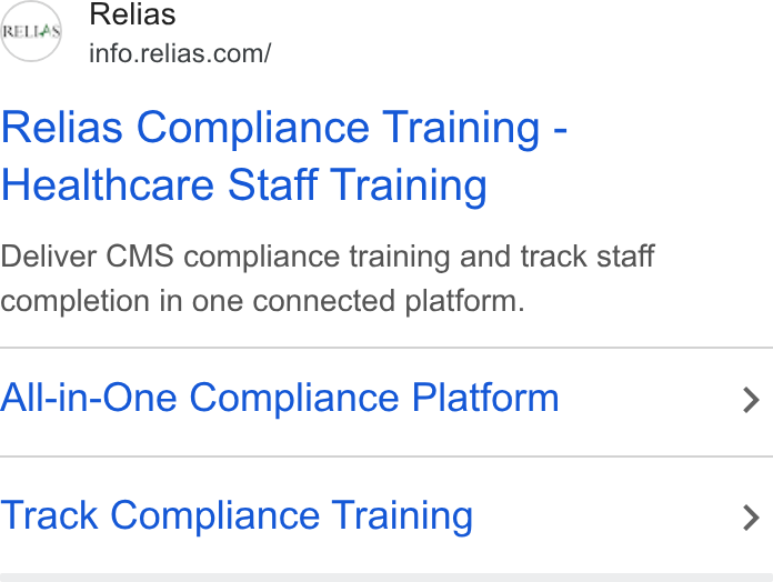 Relias ad on Google Ads: Relias Compliance Training - Healthcare Staff Training Deliver CMS compliance training and track staff completion in one connected platform. All-in-One Compliance Platform > Track Compliance Training >