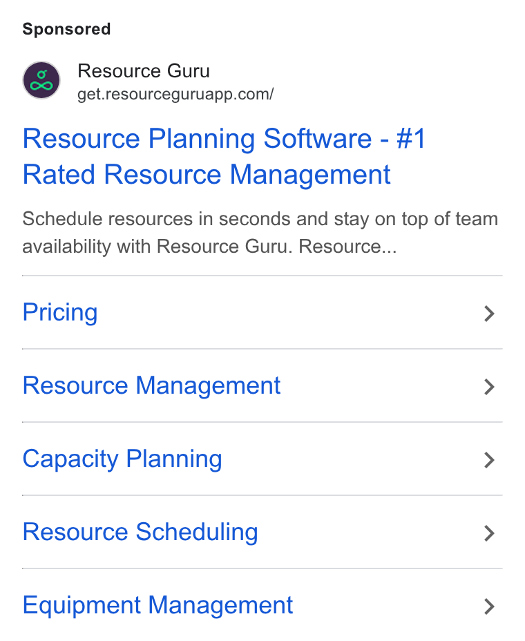 Resource Guru ad on Google Ads: Resource Planning Software - #1 Rated Resource Management Schedule resources in seconds and stay on top of team availability with Resource Guru. Resource... Pricing > Resource Management > Capacity Planning > Resource Scheduling > Equipment Management >