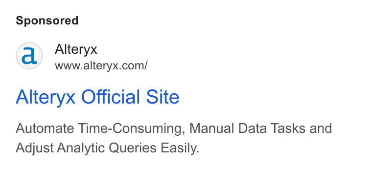 Alteryx ad on Google Ads: Alteryx Official Site Automate Time-Consuming, Manual Data Tasks and Adjust Analytic Queries Easily.
