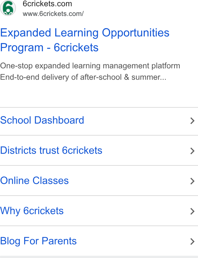 6crickets ad on Google Ads: www.6crickets.com/ Expanded Learning Opportunities Program - 6crickets One-stop expanded learning management platform End-to-end delivery of after-school & summer... School Dashboard Districts trust 6crickets Online Classes Why 6crickets Blog For Parents