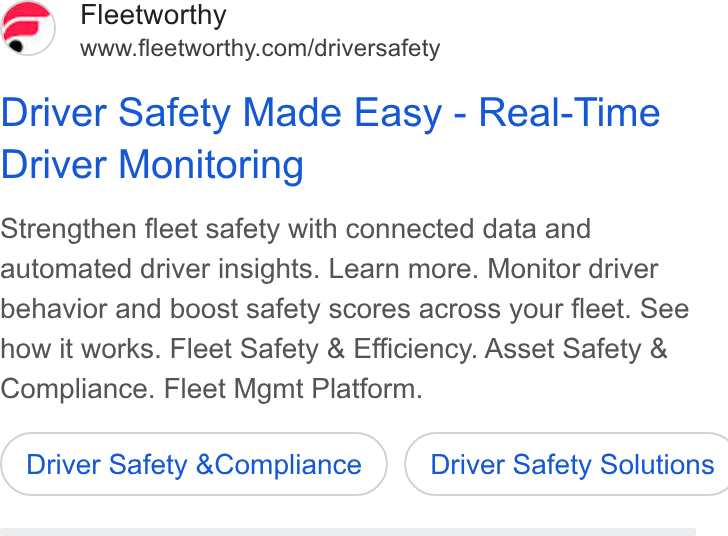 Bestpass ad on Google Ads: Driver Safety Made Easy - Real-Time Driver Monitoring Strengthen fleet safety with connected data and automated driver insights. Learn more. Monitor driver behavior and boost safety scores across your fleet. See how it works. Fleet Safety & Efficiency. Asset Safety & Compliance. Fleet Mgmt Platform. Driver Safety &Compliance } ( Driver Safety Solutions