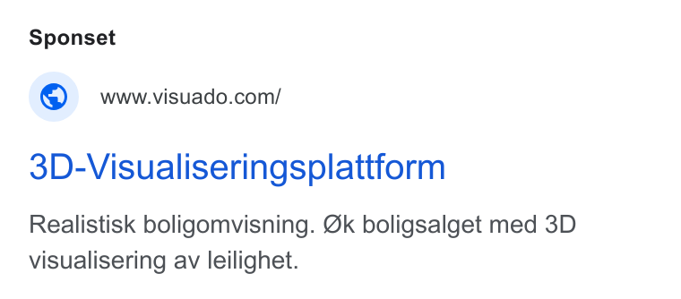 Visuado ad on Google Ads: 3D-Visualiseringsplattform Realistisk boligomvisning. Ok boligsalget med 3D visualisering av leilighet.
