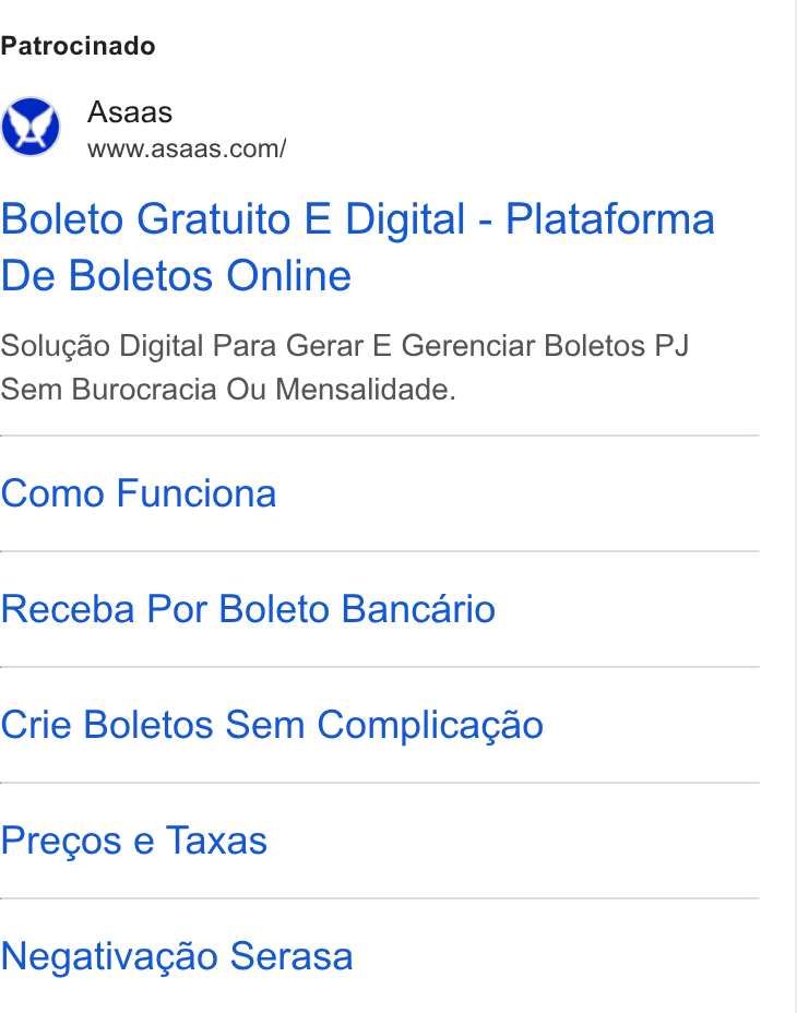 ASAAS ad on Google Ads: Patrocinado Boleto Gratuito E Digital - Plataforma De Boletos Online Solugdo Digital Para Gerar E Gerenciar Boletos PJ Sem Burocracia Ou Mensalidade. Como Funciona Receba Por Boleto Bancario Crie Boletos Sem Complicagao Precos e Taxas Negativagao Serasa