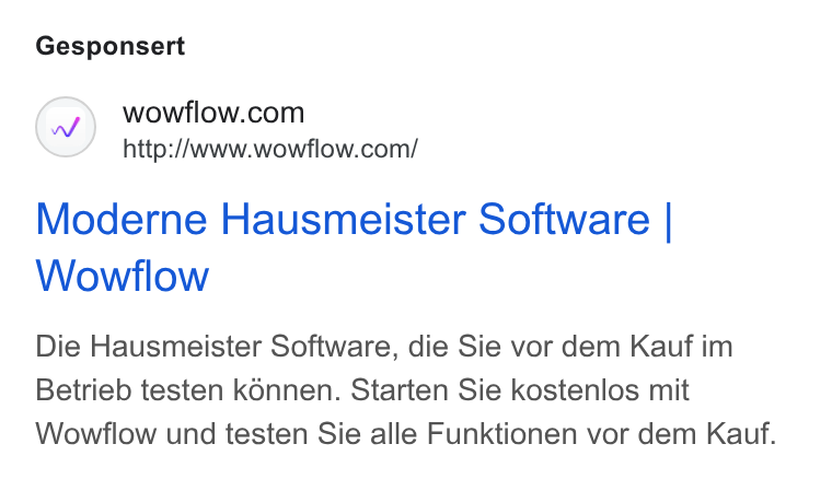 Wowflow ad on Google Ads: http://www.wowflow.com/ Moderne Hausmeister Software | Wowflow Die Hausmeister Software, die Sie vor dem Kauf im Betrieb testen k6nnen. Starten Sie kostenlos mit Wowflow und testen Sie alle Funktionen vor dem Kautf.
