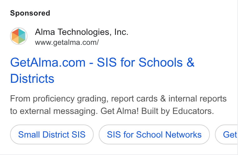 Alma ad on Google Ads: Get Alma.com - SIS for Schools & Districts From proficiency grading, report cards & internal reports to external messaging. Get Alma! Built by Educators. Small District SIS SIS for School Networks Get