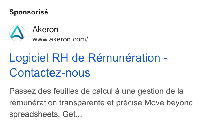 Akeron ad on Google Ads: Sponsorisé Logiciel RH de Remuneration - Contactez-nous Passez des feuilles de calcul a une gestion de la rémuneération transparente et précise Move beyond spreadsheets. Get...