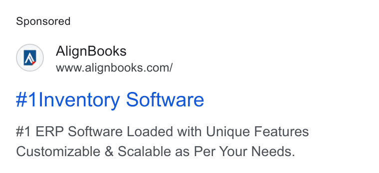 AlignBooks ad on Google Ads: #1Inventory Software #1 ERP Software Loaded with Unique Features Customizable & Scalable as Per Your Needs.
