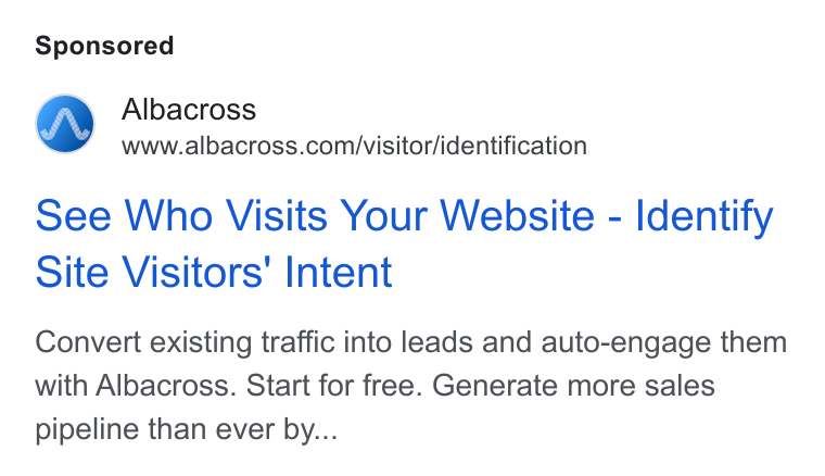 Albacross ad on Google Ads: see Who Visits Your Website - Identify Site Visitors’ Intent Convert existing traffic into leads and auto-engage them with Albacross. Start for free. Generate more sales pipeline than ever by...