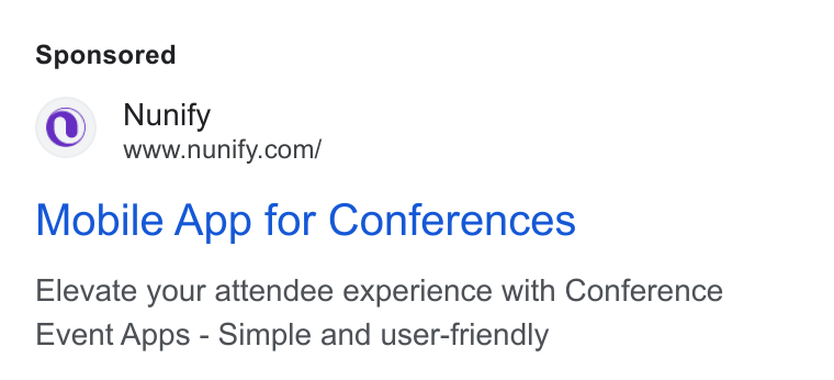 Nunify ad on Google Ads: Mobile App for Conferences Elevate your attendee experience with Conference Event Apps - Simple and user-friendly