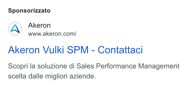 Akeron ad on Google Ads: Sponsorizzato Akeron Vulki SPM - Contattaci Scopri la soluzione di Sales Performance Management scelta dalle migliori aziende.