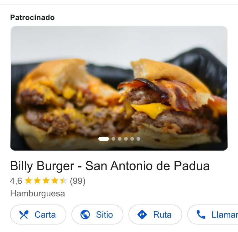 Fudo ad on Google Ads: Patrocinado Billy Burger - San Antonio de Padua Hamburguesa Ye Carta © Sitio ® Ruta \ Llamar