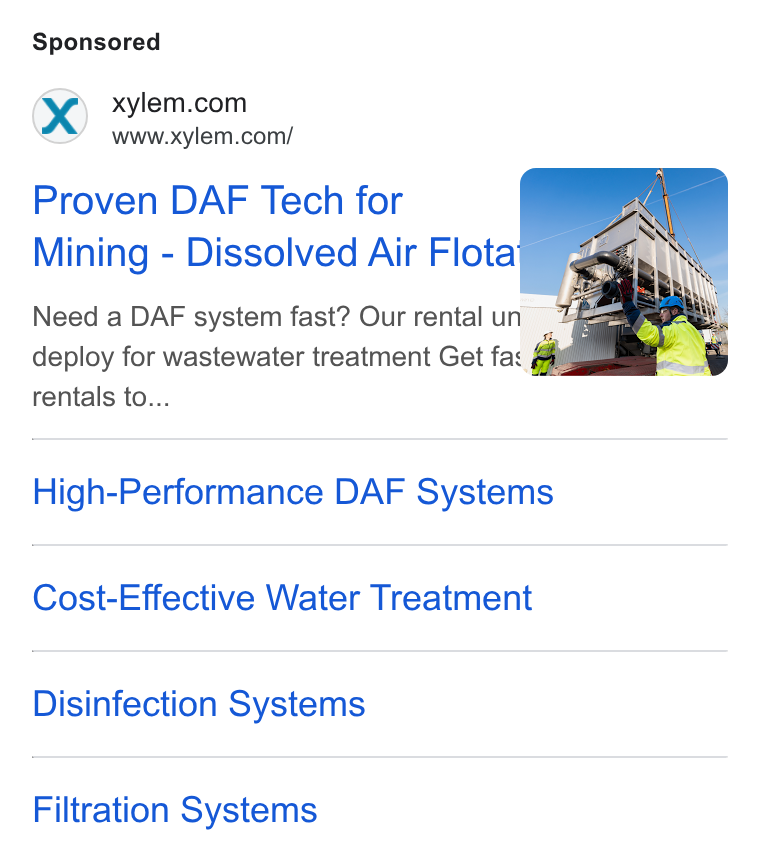 Xylem ad on Google Ads: www.xylem.com/ Proven DAF Tech for Mining - Dissolved Air Flotag Need a DAF system fast? Our rental un 74 oe deploy for wastewater treatment Get fas. rentals to... High-Performance DAF Systems Cost-Effective Water Treatment Disinfection Systems Filtration Systems