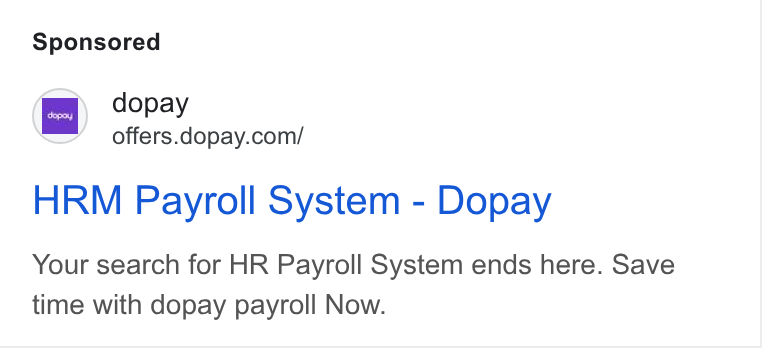 dopay ad on Google Ads: HRM Payroll System - Dopay Your search for HR Payroll System ends here. Save time with dopay payroll Now.