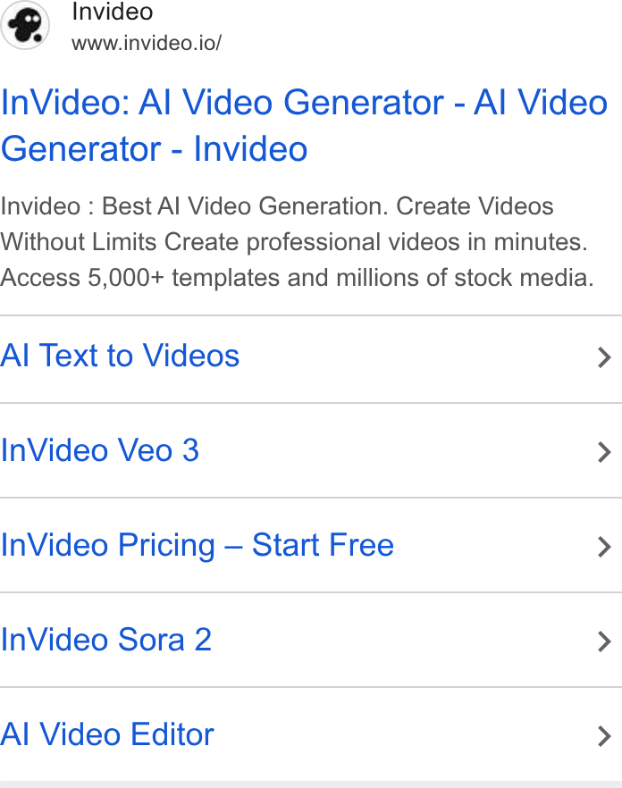 invideo ad on Google Ads: C) Invideo www.invideo.io/ In Video: Al Video Generator - Al Video Generator - Invideo Invideo : Best Al Video Generation. Create Videos Without Limits Create professional videos in minutes. Access 5,000+ templates and millions of stock media. Al Text to Videos > In Video Veo 3 > In Video Pricing — Start Free > In Video Sora 2 > Al Video Editor >