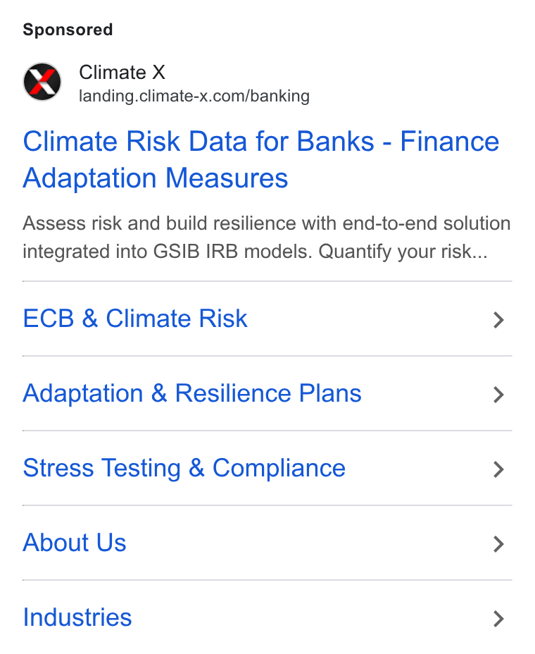 Climate X ad on Google Ads: Climate Risk Data for Banks - Finance Adaptation Measures Assess risk and build resilience with end-to-end solution integrated into GSIB IRB models. Quantify your risk... ECB & Climate Risk > Adaptation & Resilience Plans > Stress Testing & Compliance > About Us > Industries >