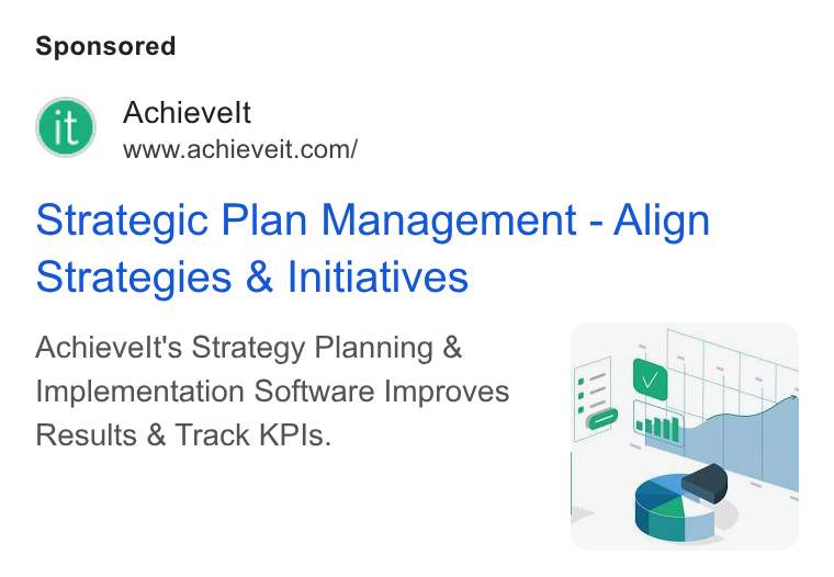 AchieveIt ad on Google Ads: Strategic Plan Management - Align Strategies & Initiatives Achievelt's Strategy Planning & Implementation Software Improves Results & Track KPIs.