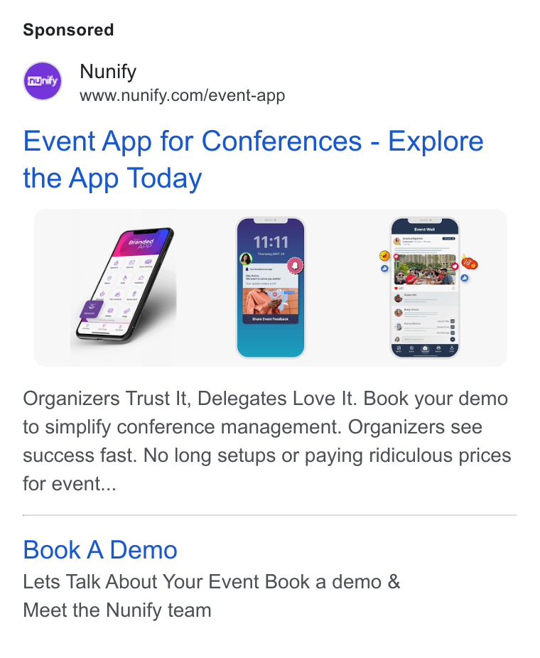 Nunify ad on Google Ads: Event App for Conferences - Explore the App Today Organizers Trust It, Delegates Love It. Book your demo to simplify conference management. Organizers see success fast. No long setups or paying ridiculous prices for event... Book A Demo Lets Talk About Your Event Book a demo & Meet the Nunify team