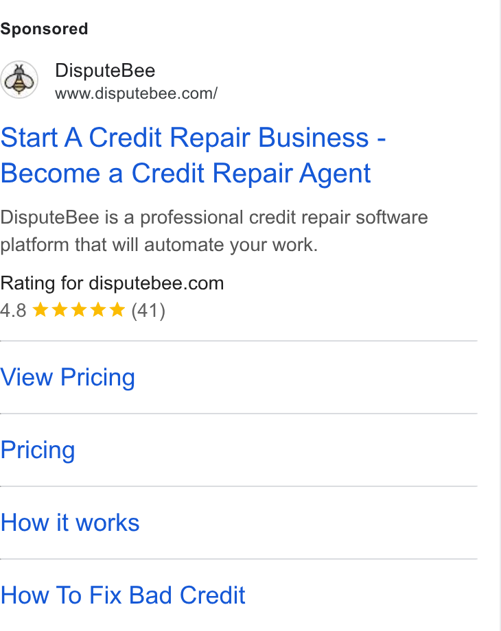 DisputeBee ad on Google Ads: Start A Credit Repair Business - Become a Credit Repair Agent Dispute Bee is a professional credit repair software platform that will automate your work. Rating for disputebee.com 4.8 kk kk (41) View Pricing Pricing How it works How To Fix Bad Credit