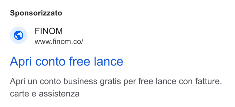 Finom ad on Google Ads: Sponsorizzato Apri conto free lance Apri un conto business gratis per free lance con fatture, carte e assistenza