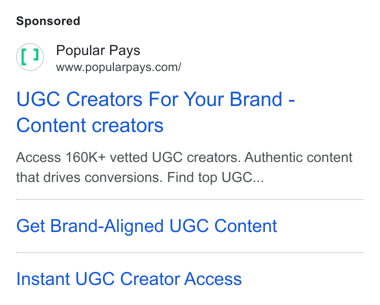 Popular Pays ad on Google Ads: UGC Creators For Your Brand - Content creators Access 160K+ vetted UGC creators. Authentic content that drives conversions. Find top UGC... Get Brand-Aligned UGC Content Instant UGC Creator Access