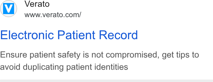 Verato ad on Google Ads: Electronic Patient Record Ensure patient safety is not compromised, get tips to avoid duplicating patient identities